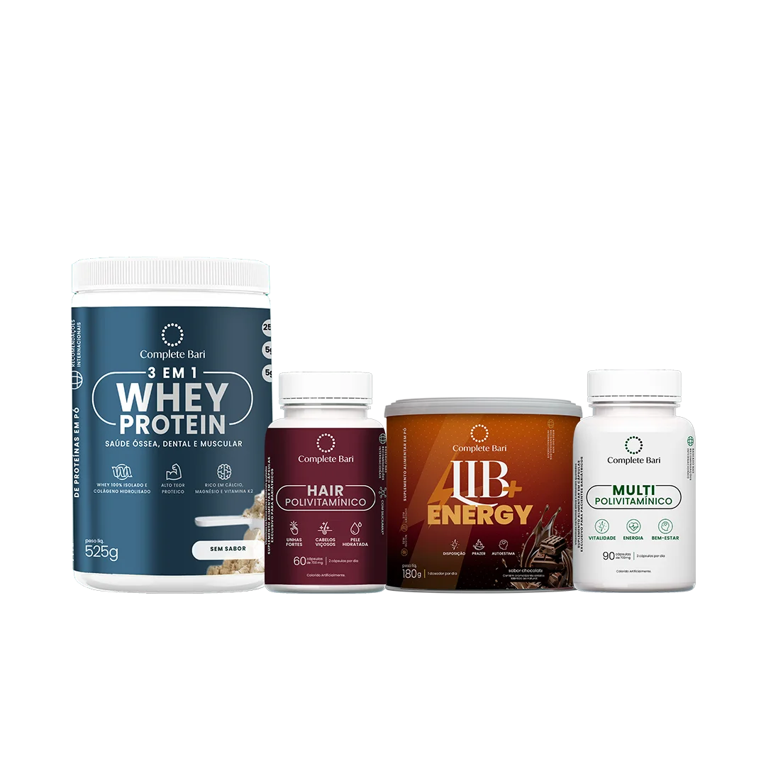 Kit 1 Multi + 1 Polivitaminico Cabelos e Unhas + 1 Whey Isolado Neutro+ 1 Lib Energy Complete Bari