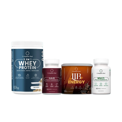 Kit 1 Multi + 1 Polivitaminico Cabelos e Unhas + 1 Whey Isolado Neutro+ 1 Lib Energy Complete Bari
