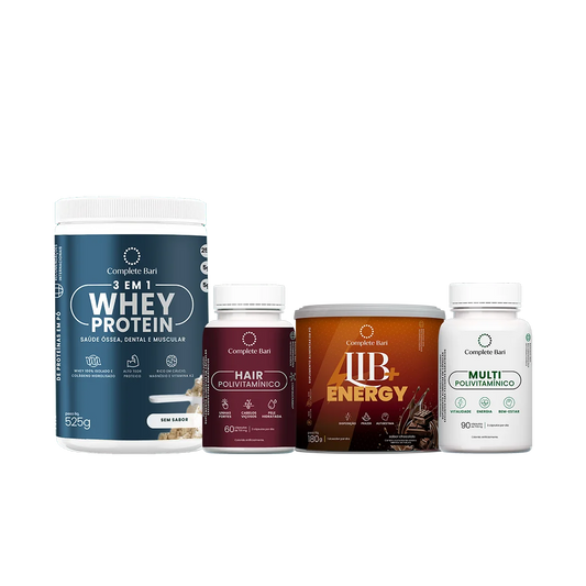 Kit 1 Multi + 1 Polivitaminico Cabelos e Unhas + 1 Whey Isolado Neutro+ 1 Lib Energy Complete Bari