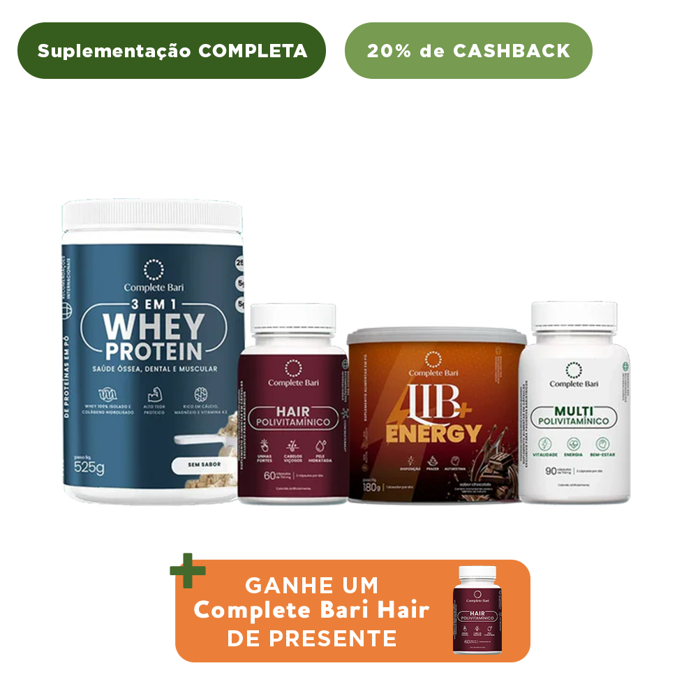 Kit 1 Multi + 1 Polivitaminico Cabelos e Unhas + 1 Whey Isolado Neutro+ 1 Lib Energy Complete Bari - Ganhe 1 Hair de brinde