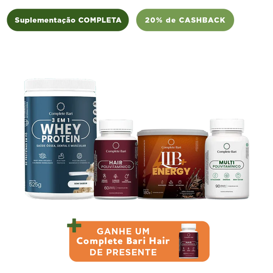Kit 1 Multi + 1 Polivitaminico Cabelos e Unhas + 1 Whey Isolado Neutro+ 1 Lib Energy Complete Bari - Ganhe 1 Hair de brinde