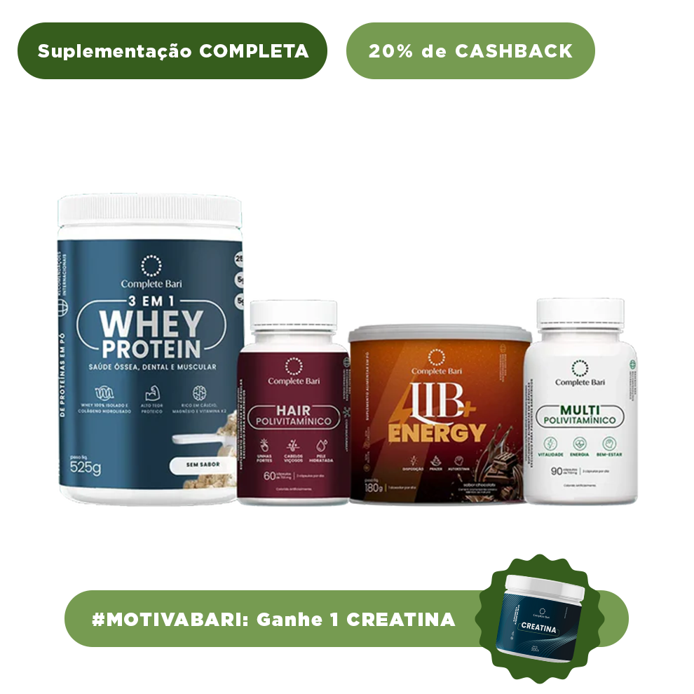 Kit 1 Multi + 1 Polivitaminico Cabelos e Unhas + 1 Whey Isolado Neutro+ 1 Lib Energy Complete Bari