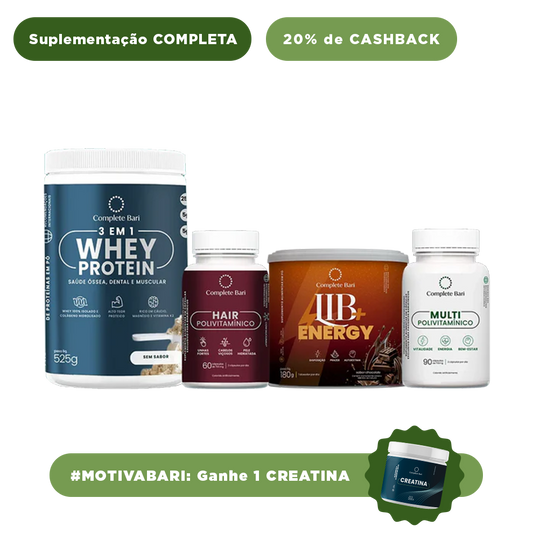 Kit 1 Multi + 1 Polivitaminico Cabelos e Unhas + 1 Whey Isolado Neutro+ 1 Lib Energy Complete Bari
