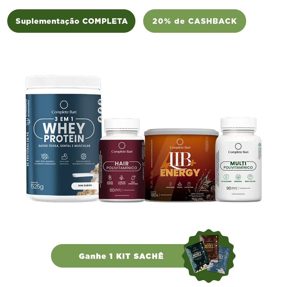 Kit 1 Multi + 1 Polivitaminico Cabelos e Unhas + 1 Whey Isolado Neutro+ 1 Lib Energy Complete Bari - Ganhe 1 Kit Saches