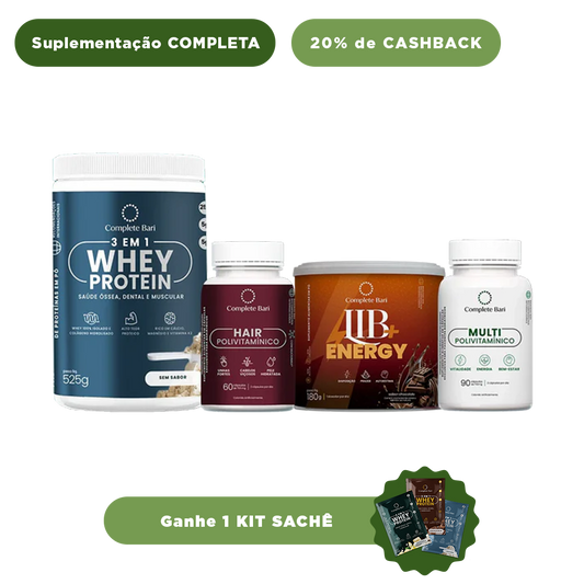 Kit 1 Multi + 1 Polivitaminico Cabelos e Unhas + 1 Whey Isolado Neutro+ 1 Lib Energy Complete Bari - Ganhe 1 Kit Saches