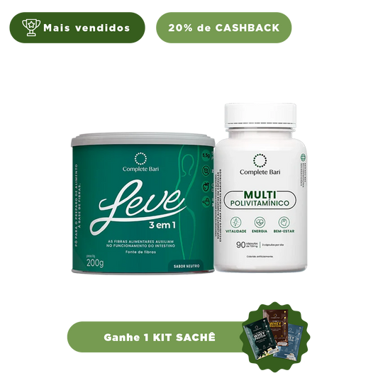 Kit 1 LEVE 3 em 1® Contra Reganho de Peso + 1 Multivitamínico Complete Bari - Ganhe 1 Kit Saches