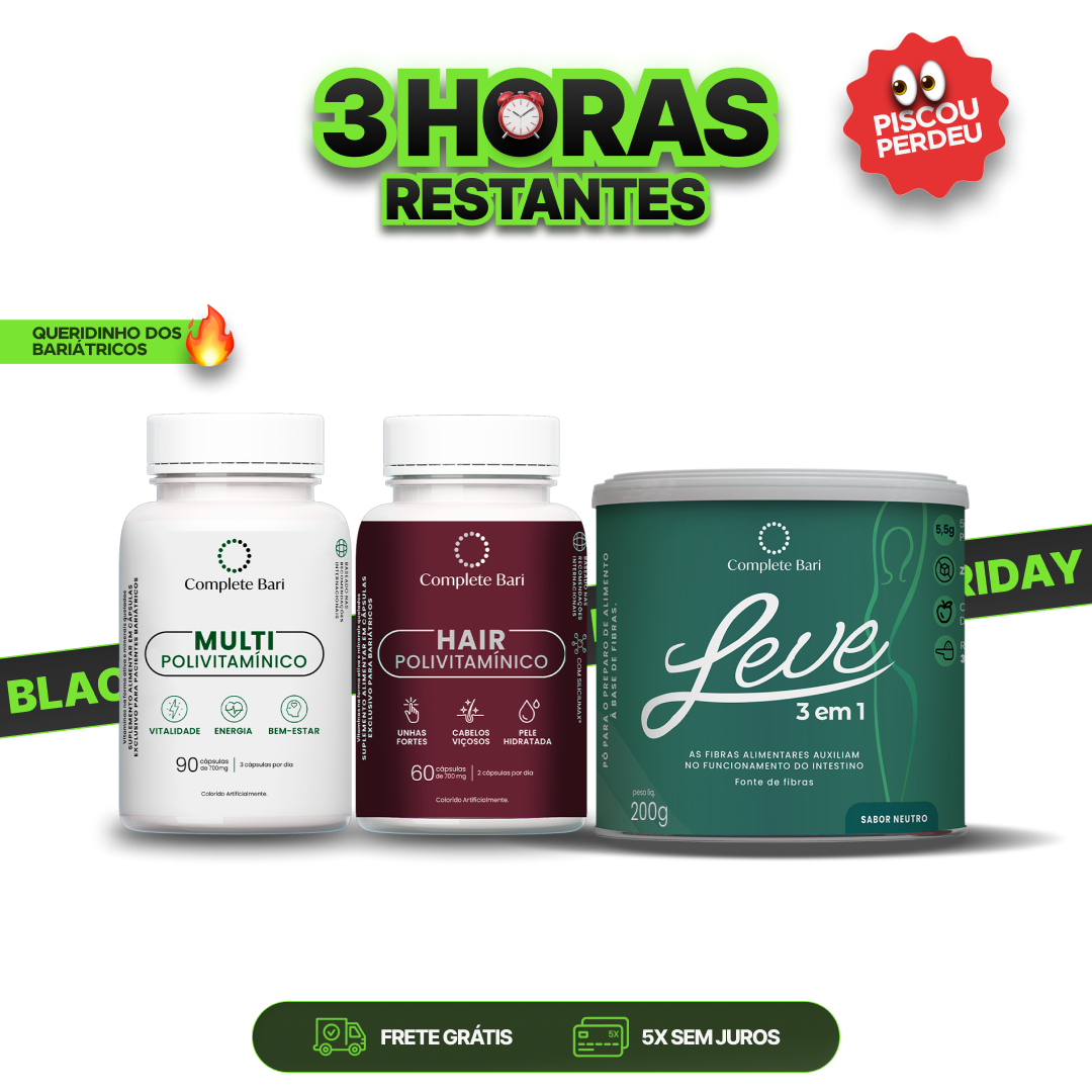 Kit 1 LEVE 3 em 1® Contra Reganho de Peso + 1 Multivitamínico + 1 Polivitaminico Cabelos e Unhas Complete Bari