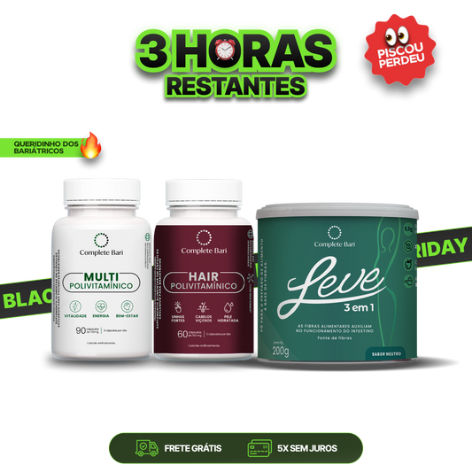 Kit 1 LEVE 3 em 1® Contra Reganho de Peso + 1 Multivitamínico + 1 Polivitaminico Cabelos e Unhas Complete Bari