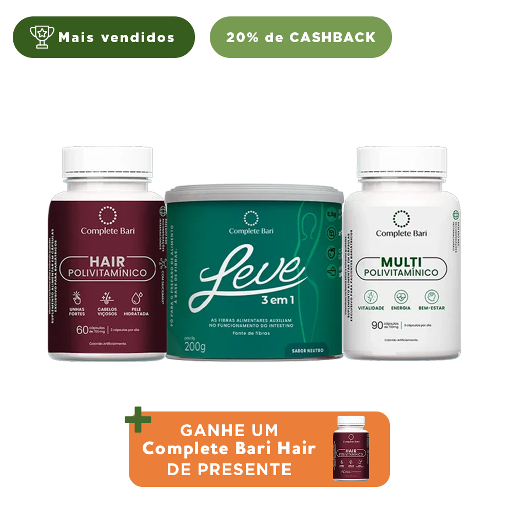 Kit 1 LEVE 3 em 1® Contra Reganho de Peso + 1 Multivitamínico + 1 Polivitaminico Cabelos e Unhas Complete Bari - Ganhe 1 Hair de brinde