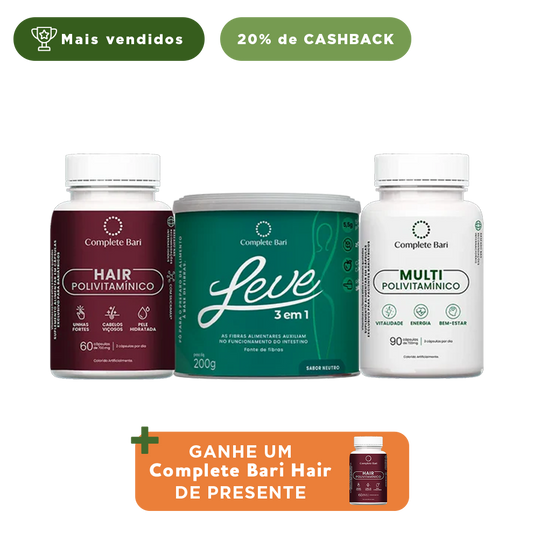 Kit 1 LEVE 3 em 1® Contra Reganho de Peso + 1 Multivitamínico + 1 Polivitaminico Cabelos e Unhas Complete Bari - Ganhe 1 Hair de brinde