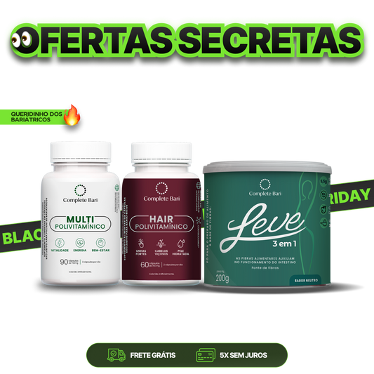 Kit 1 LEVE 3 em 1® Contra Reganho de Peso + 1 Multivitamínico + 1 Polivitaminico Cabelos e Unhas Complete Bari