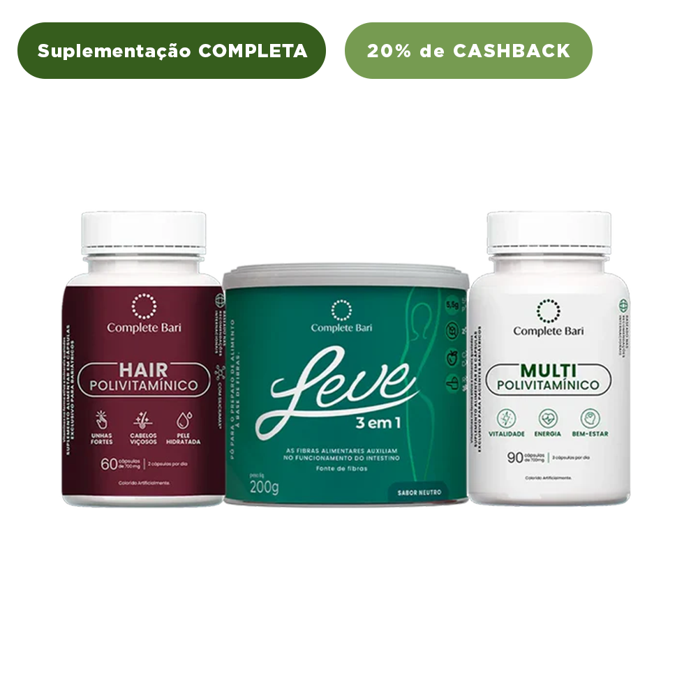 Kit 1 LEVE 3 em 1® Contra Reganho de Peso + 1 Multivitamínico + 1 Polivitaminico Cabelos e Unhas Complete Bari
