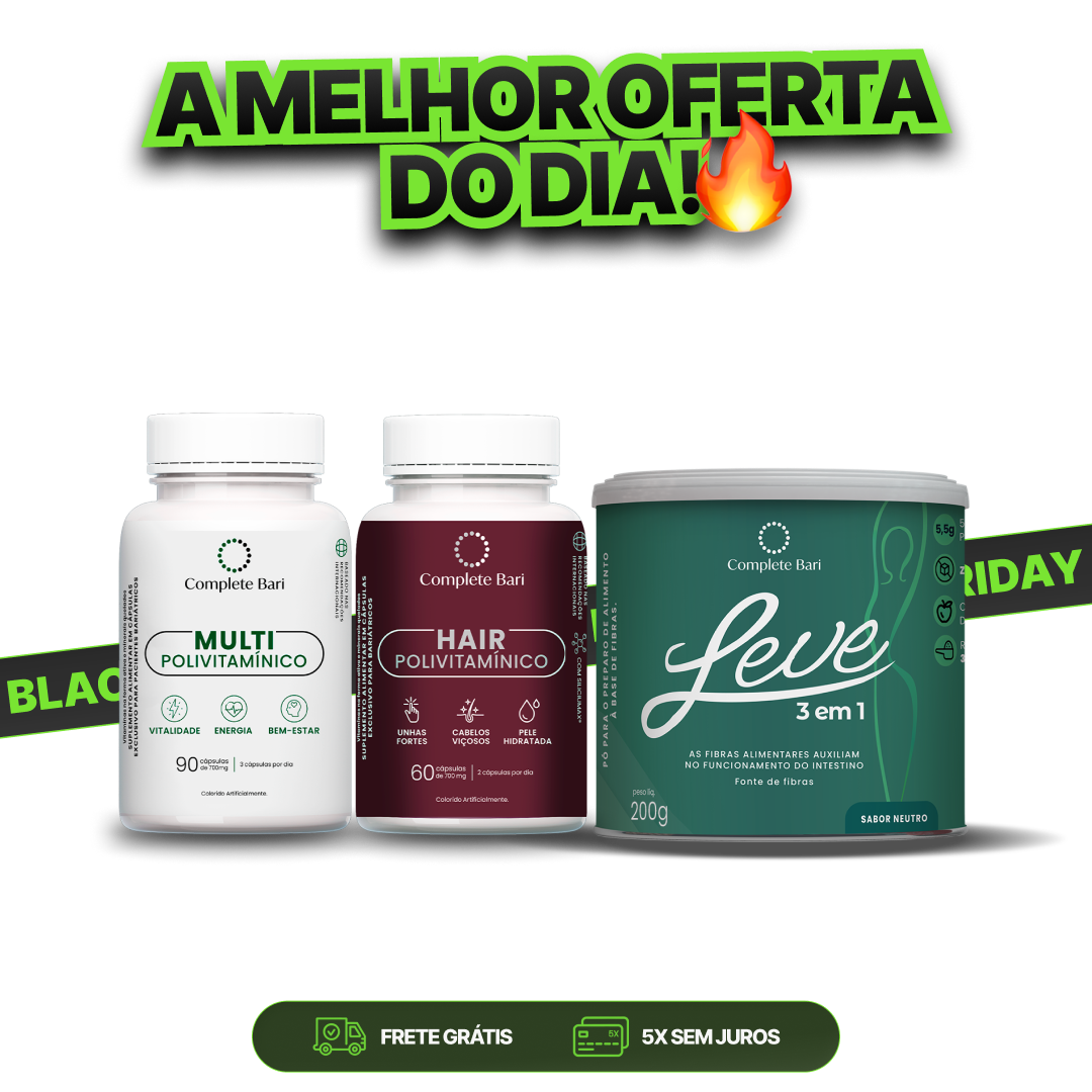 Kit 1 LEVE 3 em 1® Contra Reganho de Peso + 1 Multivitamínico + 1 Polivitaminico Cabelos e Unhas Complete Bari