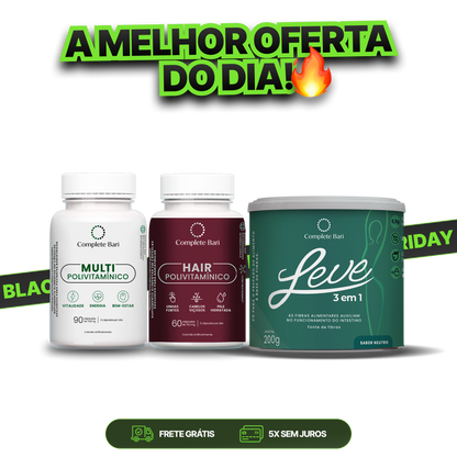 Kit 1 LEVE 3 em 1® Contra Reganho de Peso + 1 Multivitamínico + 1 Polivitaminico Cabelos e Unhas Complete Bari