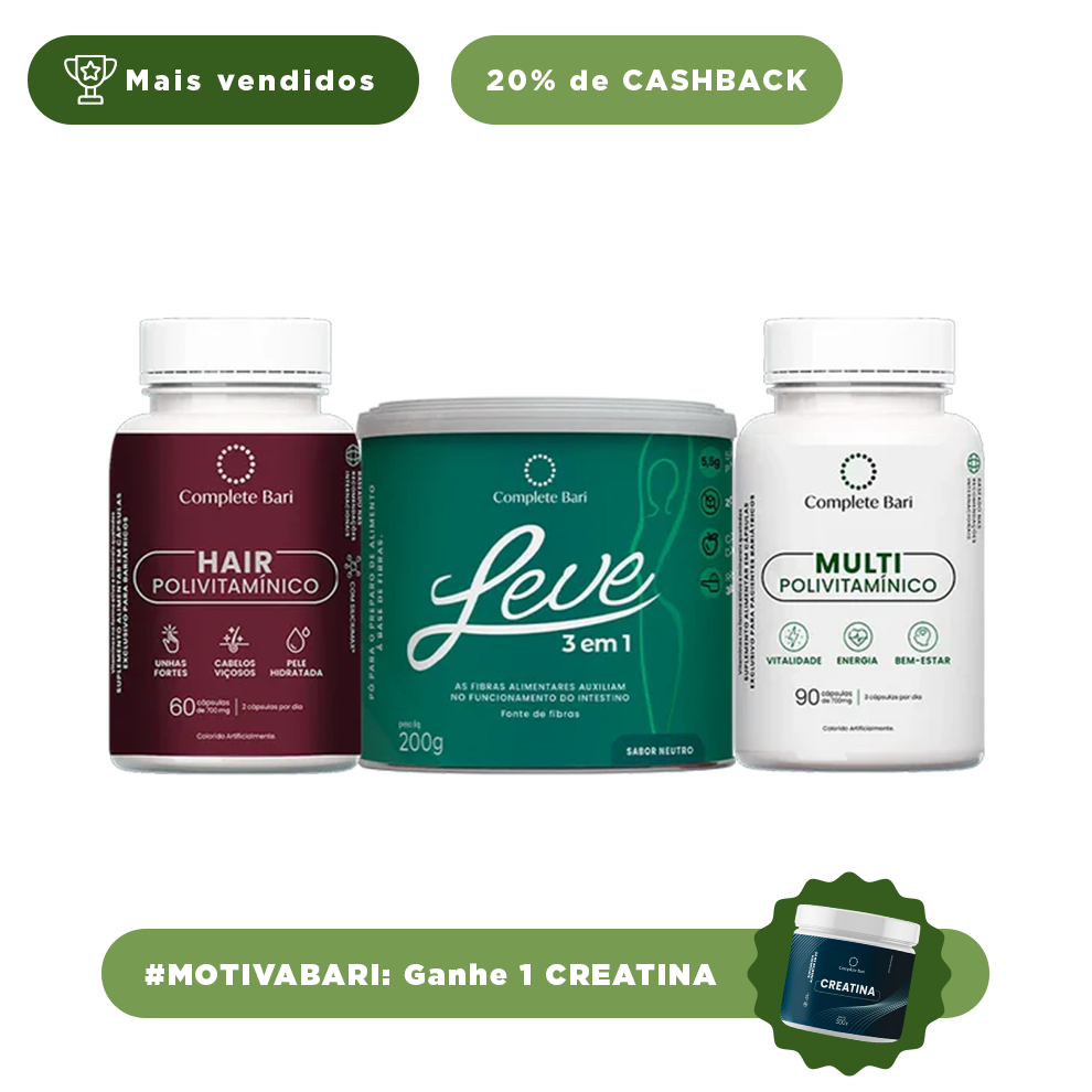 Kit 1 LEVE 3 em 1® Contra Reganho de Peso + 1 Multivitamínico + 1 Polivitaminico Cabelos e Unhas Complete Bari