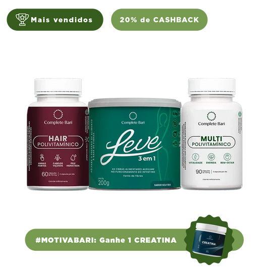 Kit 1 LEVE 3 em 1® Contra Reganho de Peso + 1 Multivitamínico + 1 Polivitaminico Cabelos e Unhas Complete Bari