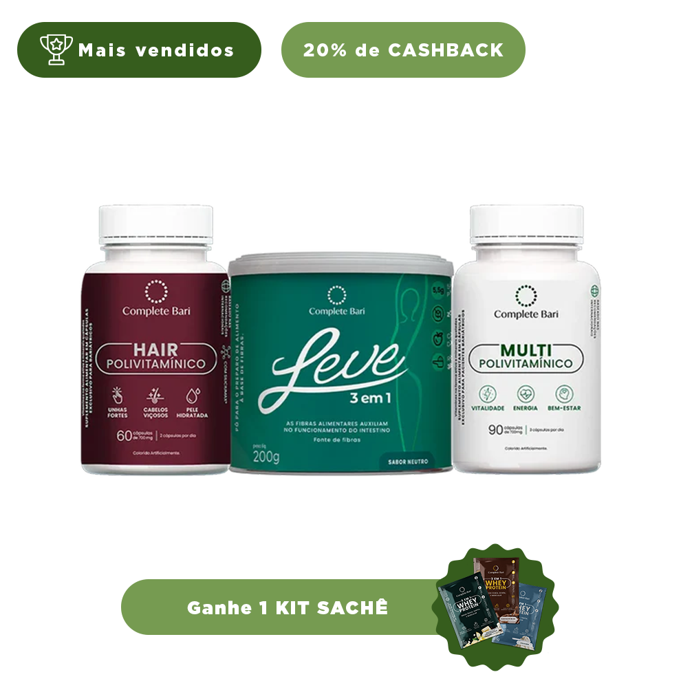 Kit 1 LEVE 3 em 1® Contra Reganho de Peso + 1 Multivitamínico + 1 Polivitaminico Cabelos e Unhas Complete Bari - Ganhe 1 Kit Saches