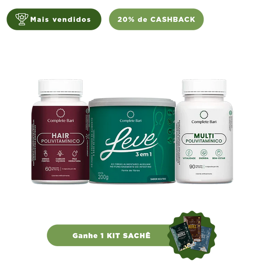 Kit 1 LEVE 3 em 1® Contra Reganho de Peso + 1 Multivitamínico + 1 Polivitaminico Cabelos e Unhas Complete Bari - Ganhe 1 Kit Saches