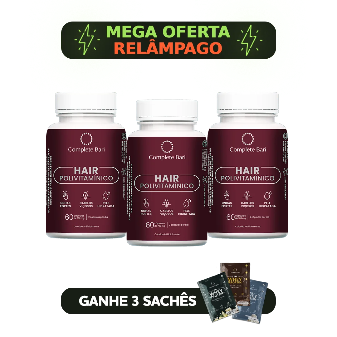 Kit 3 Polivitaminico Cabelos e Unhas Complete Bari Hair - Vitamina para 3 meses