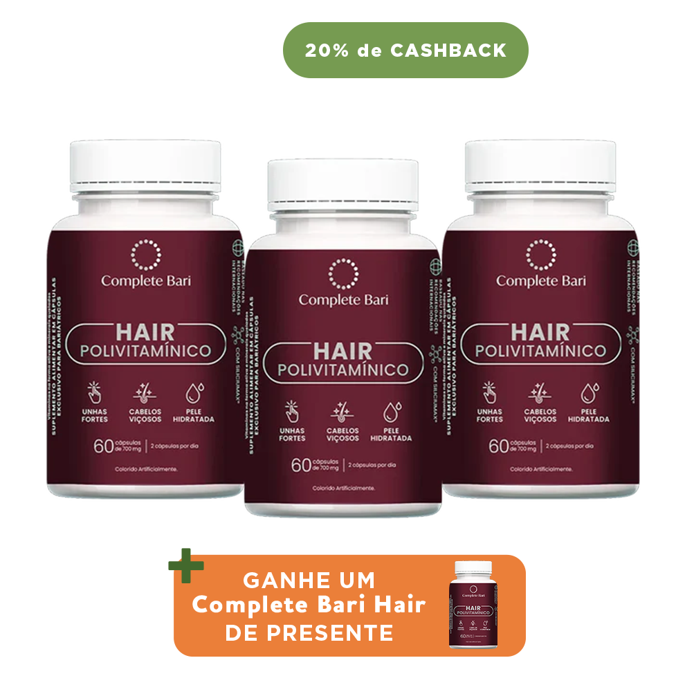 Kit 3 Polivitaminico Cabelos e Unhas Complete Bari Hair - Vitamina para 3 meses - Ganhe 1 Hair de brinde