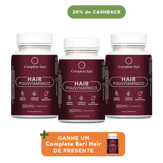 Kit 3 Polivitaminico Cabelos e Unhas Complete Bari Hair - Vitamina para 3 meses - Ganhe 1 Hair de brinde