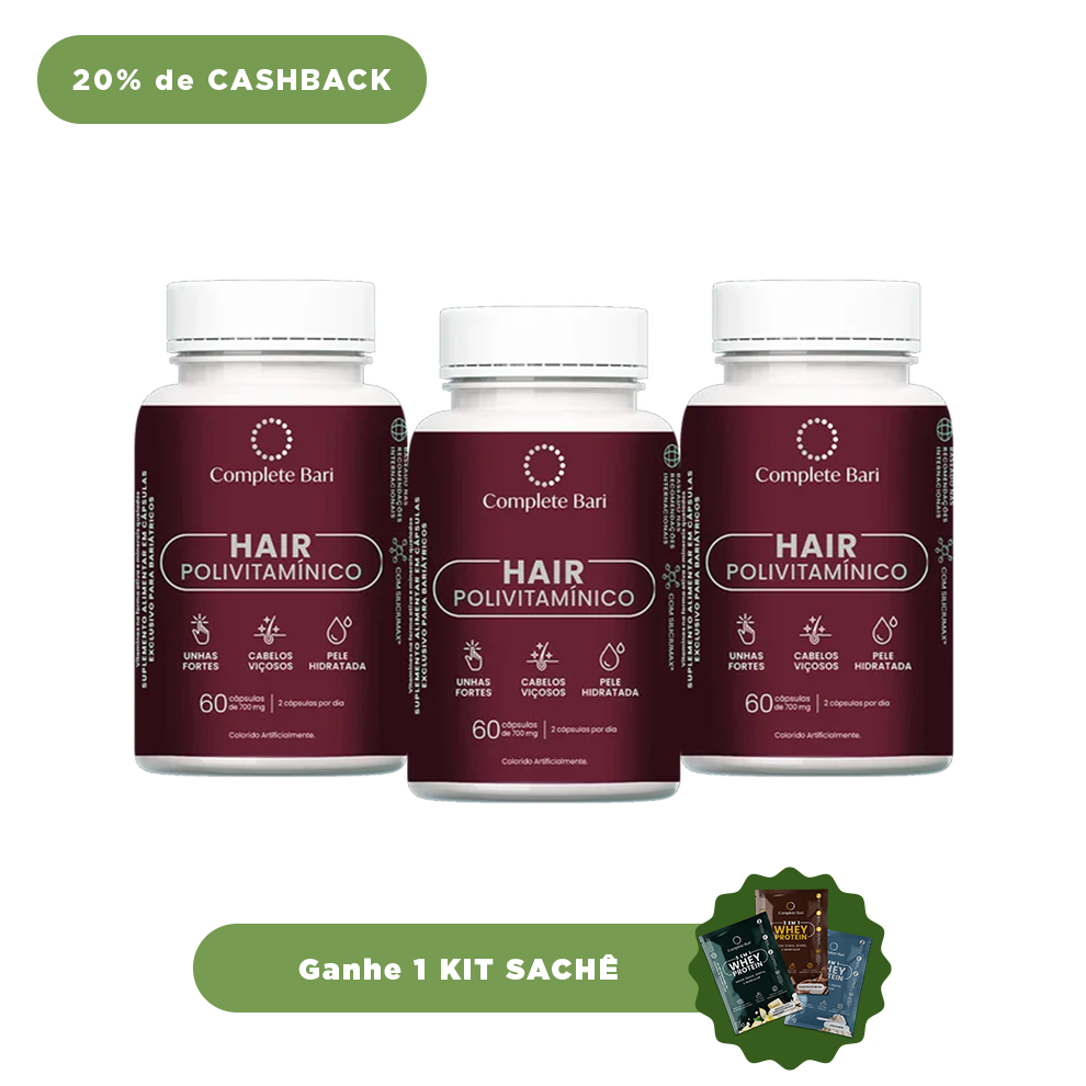 Kit 3 Polivitaminico Cabelos e Unhas Complete Bari Hair - Vitamina para 3 meses - - Ganhe 1 Kit Sache Whey Protein