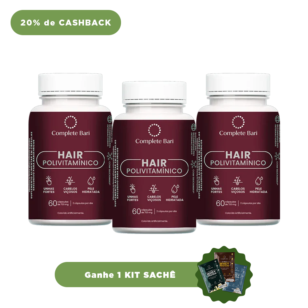 Kit 3 Polivitaminico Cabelos e Unhas Complete Bari Hair - Vitamina para 3 meses - Ganhe 1 Kit Saches