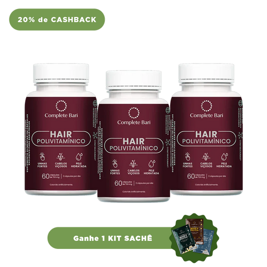 Kit 3 Polivitaminico Cabelos e Unhas Complete Bari Hair - Vitamina para 3 meses - Ganhe 1 Kit Saches