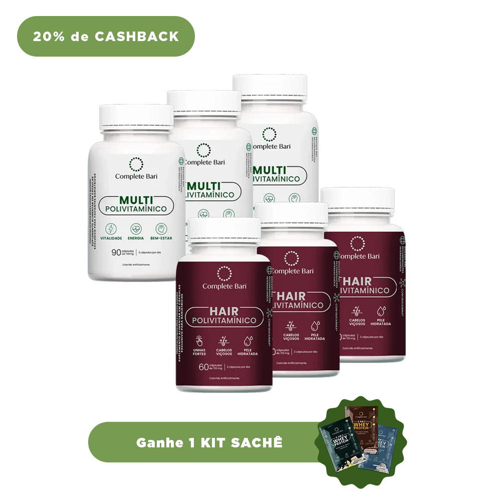 Kit 3 Multi + 3 Polivitaminico Cabelos e Unhas Complete Bari - Vitamina para 3 meses - Ganhe 1 Kit Saches