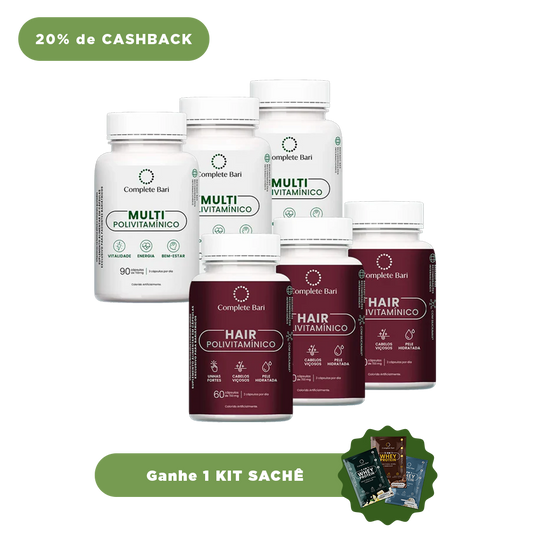 Kit 3 Multi + 3 Polivitaminico Cabelos e Unhas Complete Bari - Vitamina para 3 meses - Ganhe 1 Kit Saches