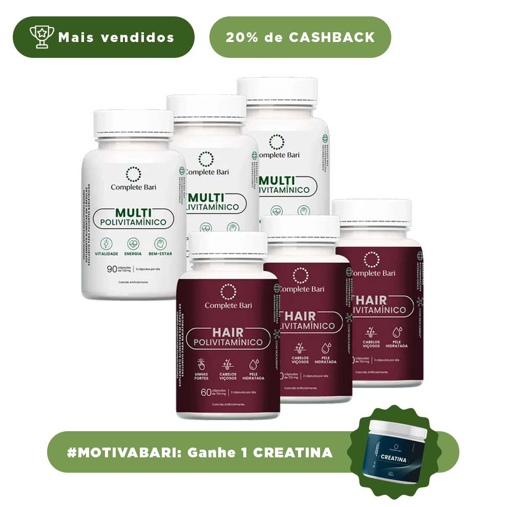 Kit 3 Multi + 3 Polivitaminico Cabelos e Unhas Complete Bari - Vitamina para 3 meses