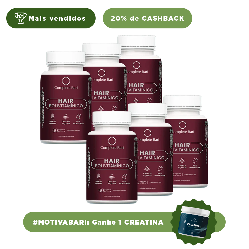 Kit 6 Polivitaminico Cabelos e Unhas Complete Bari Hair - Vitamina para 6 meses