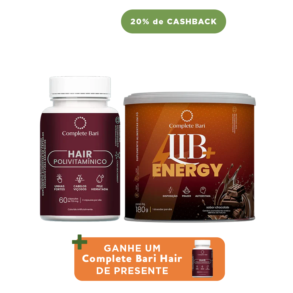 Kit 1 Polivitaminico Cabelos e Unhas + 1 Lib Energy Complete Bari - Ganhe 1 Hair de brinde