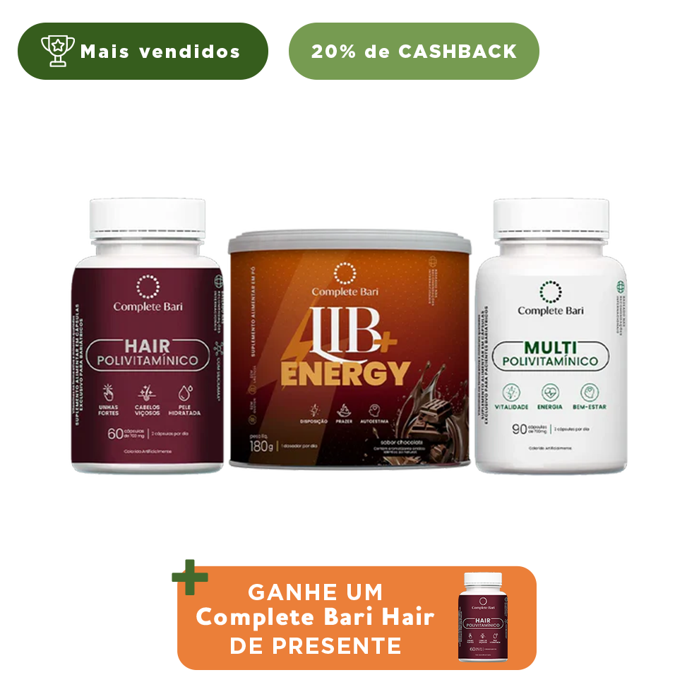 Kit 1 Multi + 1 Polivitaminico Cabelos e Unhas + 1 Lib Energy Complete Bari - Ganhe 1 Hair de brinde