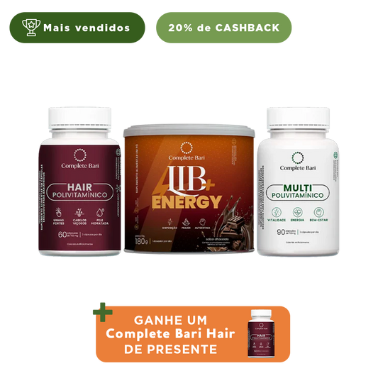 Kit 1 Multi + 1 Polivitaminico Cabelos e Unhas + 1 Lib Energy Complete Bari - Ganhe 1 Hair de brinde