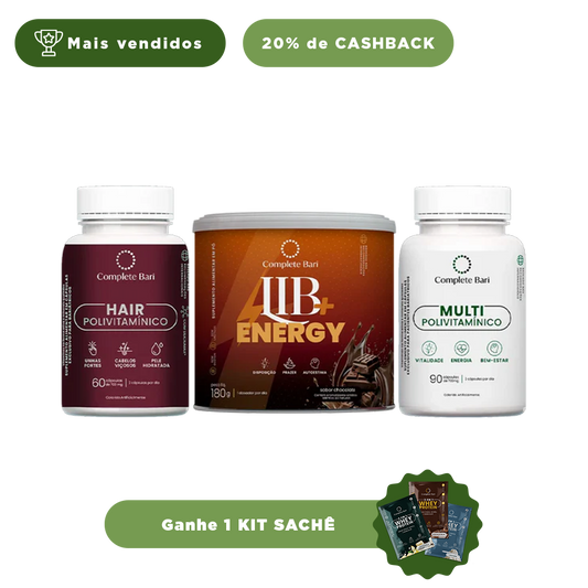 Kit 1 Multi + 1 Polivitaminico Cabelos e Unhas + 1 Lib Energy Complete Bari - Ganhe 1 Kit Saches