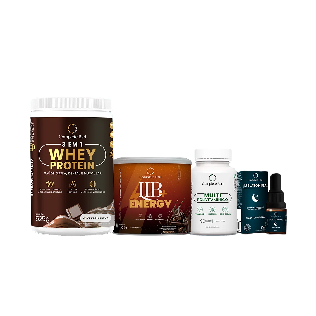 Kit 1 Multi + 1 Whey Isolado Chocolate Belga + 1 Lib Energy + 1 Melatonina Complete Bari