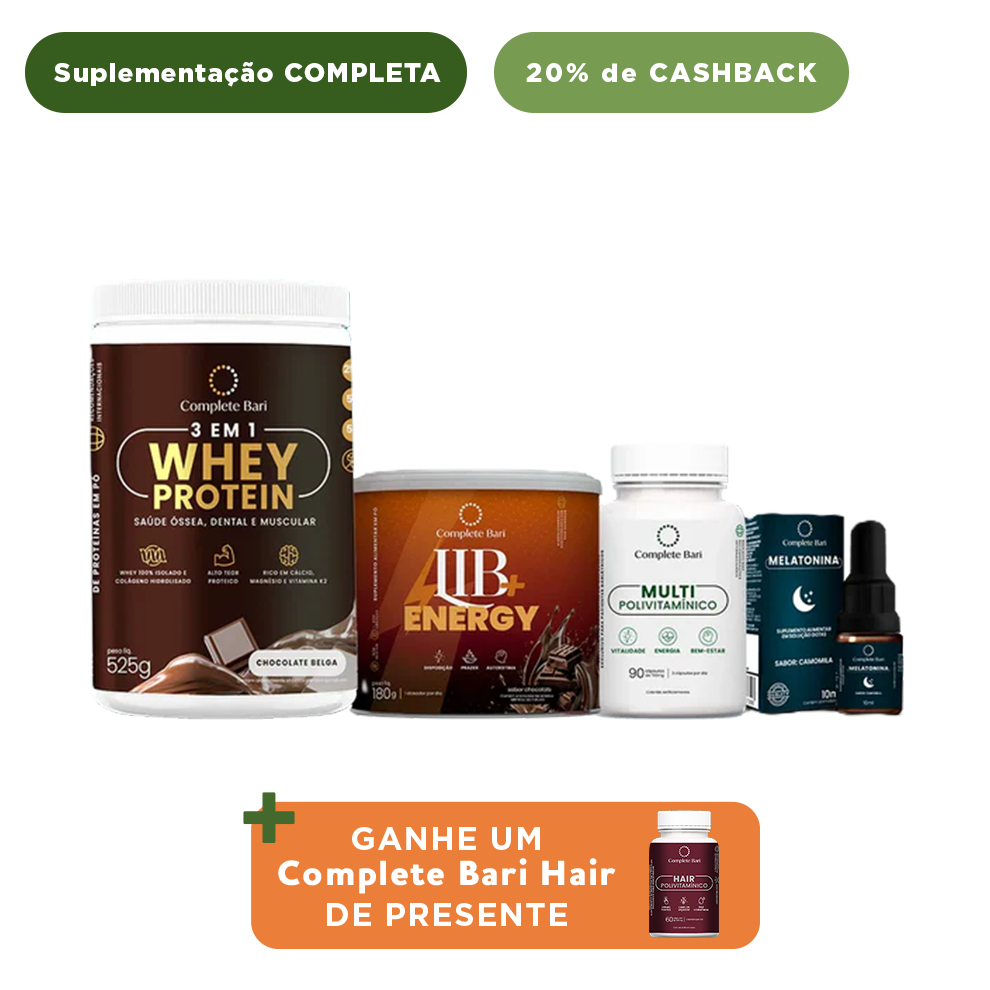 Kit 1 Multi + 1 Whey Isolado Chocolate Belga + 1 Lib Energy + 1 Melatonina Complete Bari - Ganhe 1 Hair de brinde