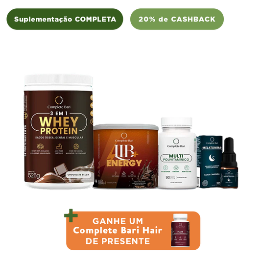 Kit 1 Multi + 1 Whey Isolado Chocolate Belga + 1 Lib Energy + 1 Melatonina Complete Bari - Ganhe 1 Hair de brinde