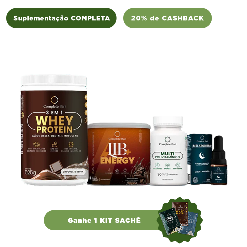Kit 1 Multi + 1 Whey Isolado Chocolate Belga + 1 Lib Energy + 1 Melatonina Complete Bari - Ganhe 1 Kit Saches