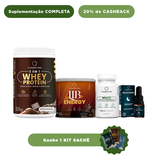 Kit 1 Multi + 1 Whey Isolado Chocolate Belga + 1 Lib Energy + 1 Melatonina Complete Bari - Ganhe 1 Kit Saches
