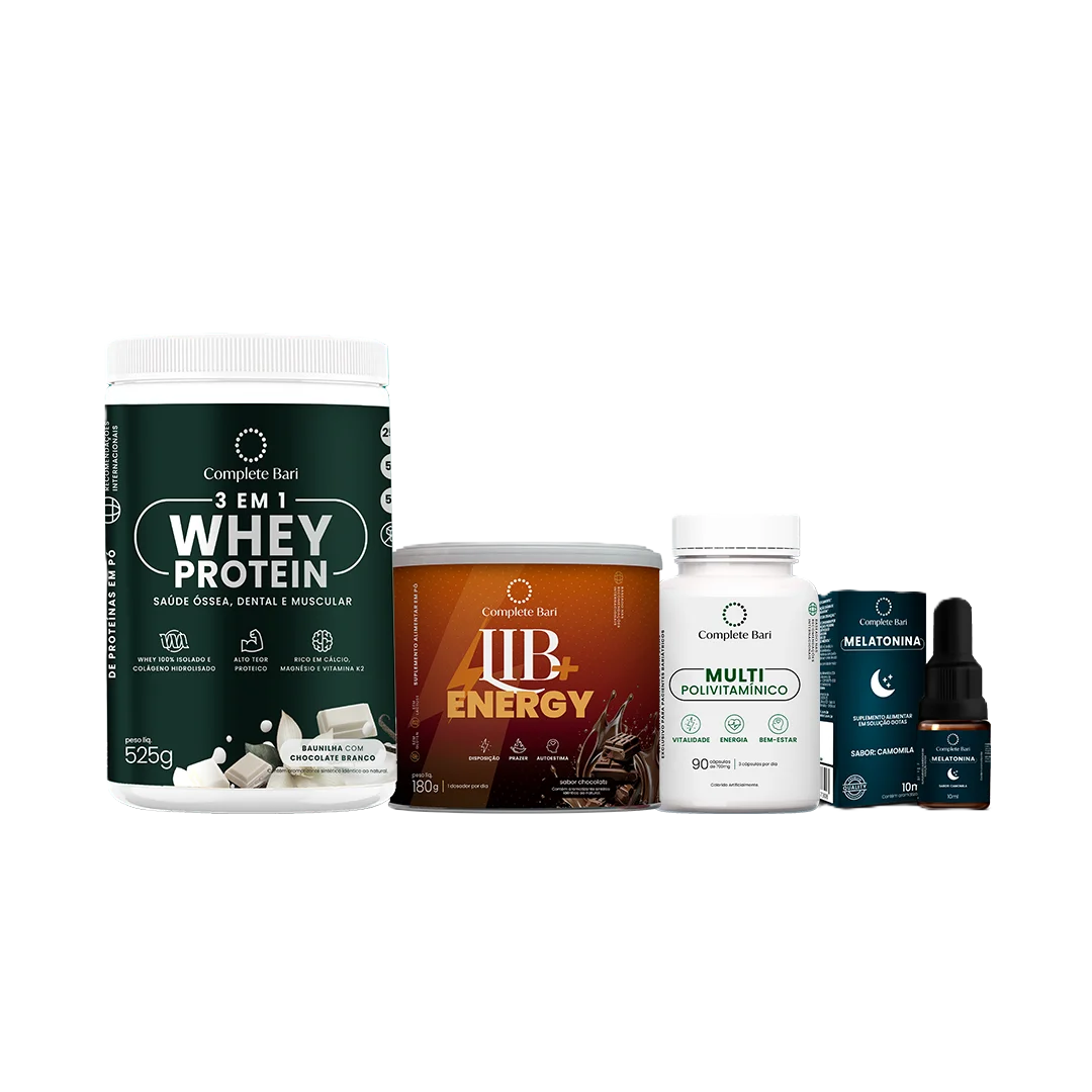 Kit 1 Multi + 1 Whey Isolado Baunilha com Chocolate + 1 Lib Energy + 1 Melatonina Complete Bari