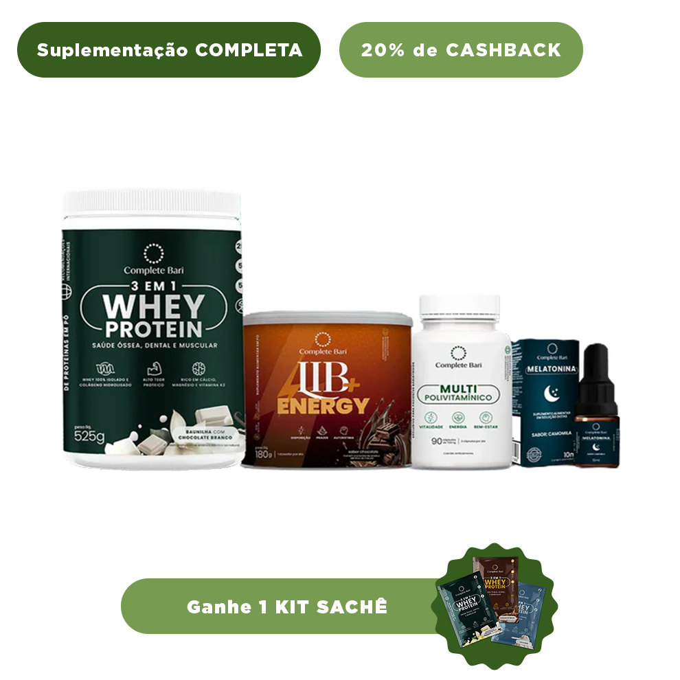 Kit 1 Multi + 1 Whey Isolado Baunilha com Chocolate + 1 Lib Energy + 1 Melatonina Complete Bari - Ganhe 1 Kit Saches