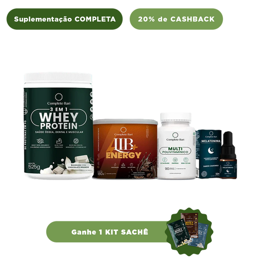 Kit 1 Multi + 1 Whey Isolado Baunilha com Chocolate + 1 Lib Energy + 1 Melatonina Complete Bari - Ganhe 1 Kit Saches