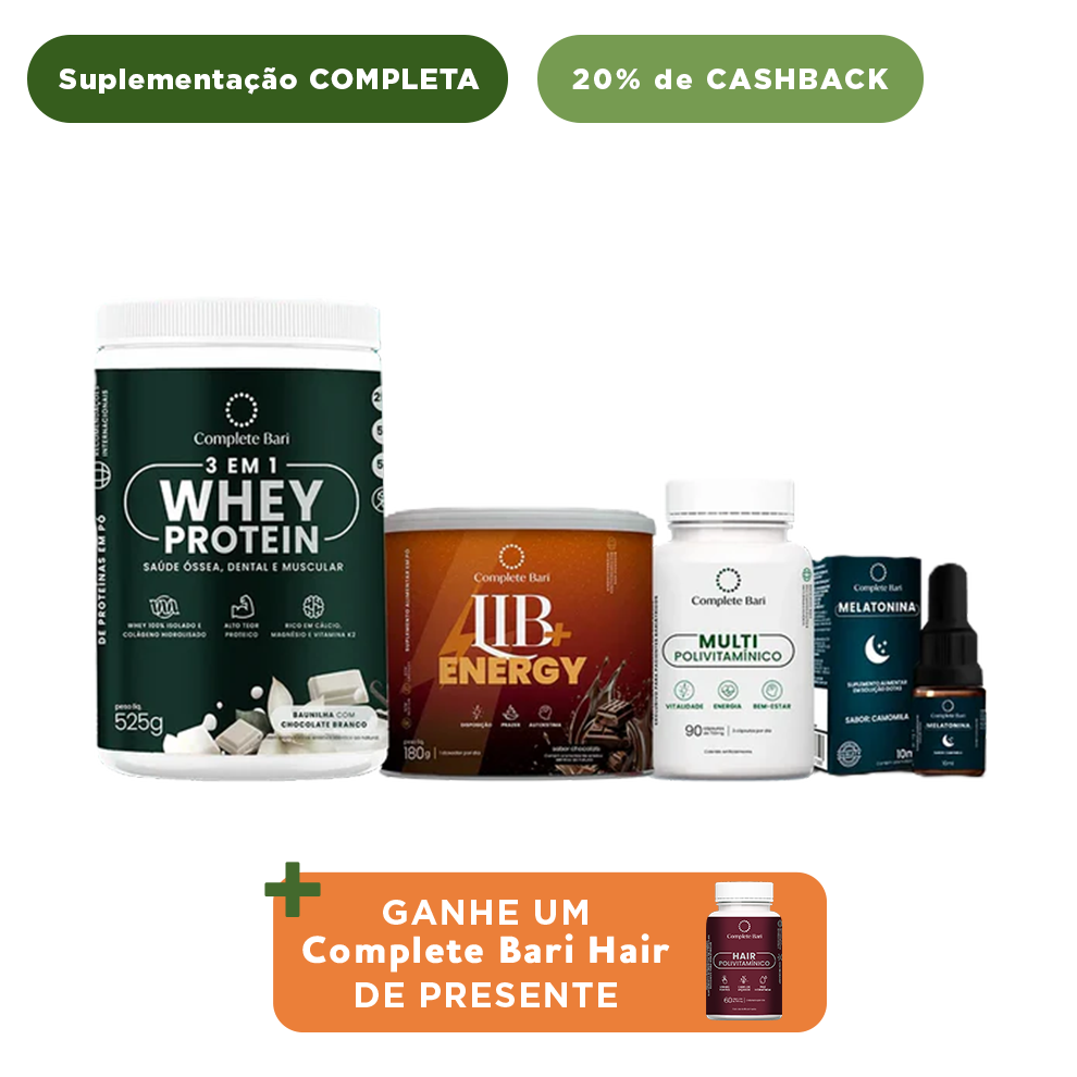 Kit 1 Multi + 1 Whey Isolado Baunilha com Chocolate + 1 Lib Energy + 1 Melatonina Complete Bari - Ganhe 1 Hair de brinde