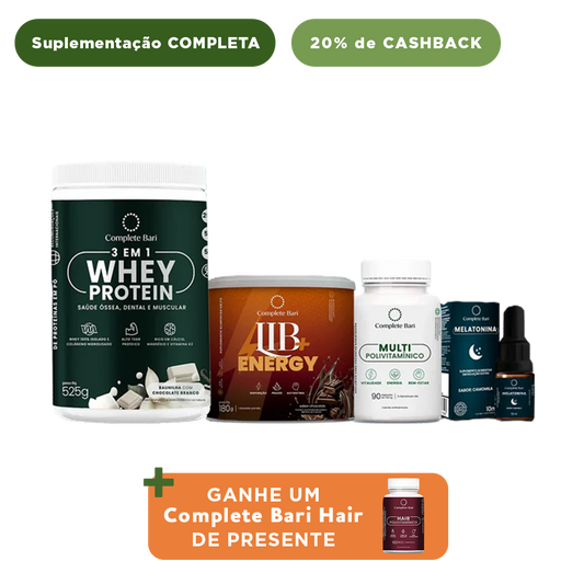 Kit 1 Multi + 1 Whey Isolado Baunilha com Chocolate + 1 Lib Energy + 1 Melatonina Complete Bari - Ganhe 1 Hair de brinde