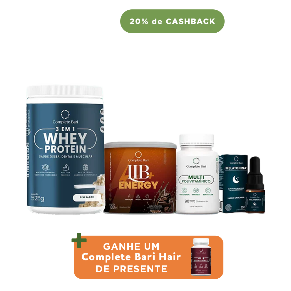 Kit 1 Multi + 1 Whey Isolado Neutro + 1 Lib Energy + 1 Melatonina Complete Bari - Ganhe 1 Hair de brinde