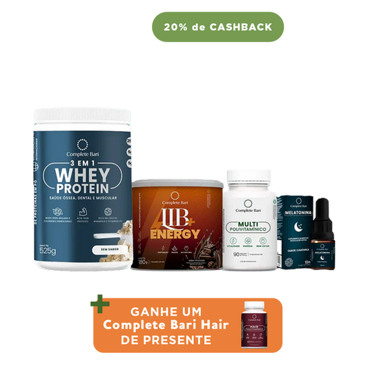 Kit 1 Multi + 1 Whey Isolado Neutro + 1 Lib Energy + 1 Melatonina Complete Bari - Ganhe 1 Hair de brinde
