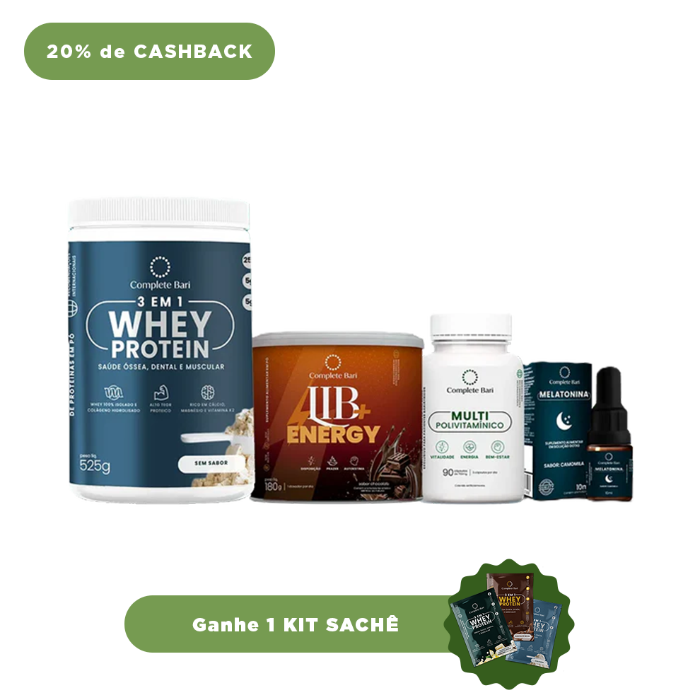 Kit 1 Multi + 1 Whey Isolado Neutro + 1 Lib Energy + 1 Melatonina Complete Bari - Ganhe 1 Kit Saches