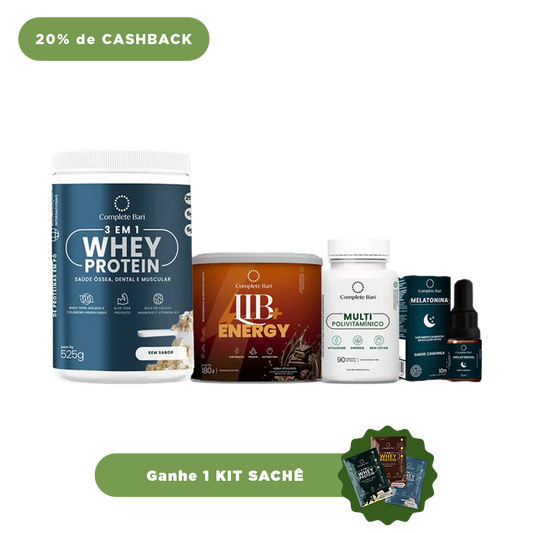Kit 1 Multi + 1 Whey Isolado Neutro + 1 Lib Energy + 1 Melatonina Complete Bari - Ganhe 1 Kit Saches